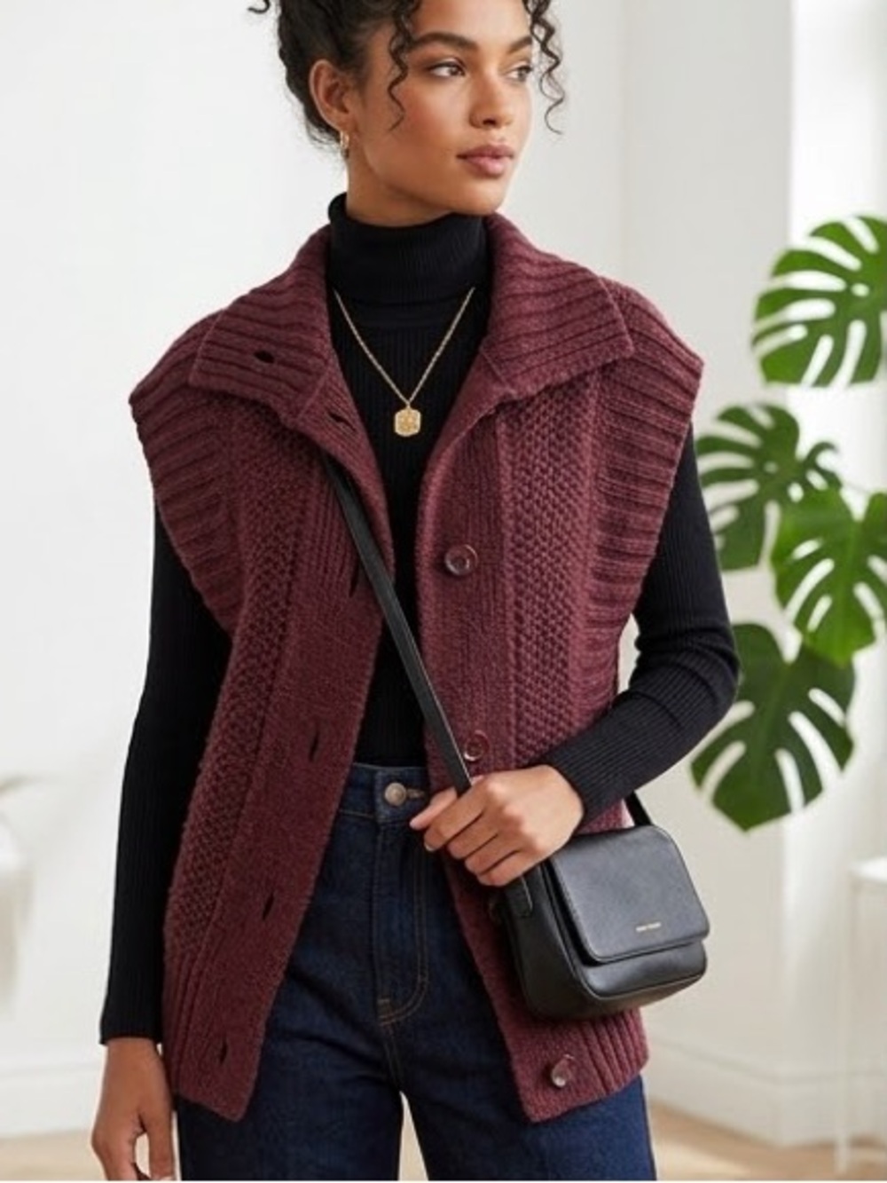 MISS SIXTY Chunky Knit Sweater Vest Burgundy Italian Y2K Sleeveless Cardigan